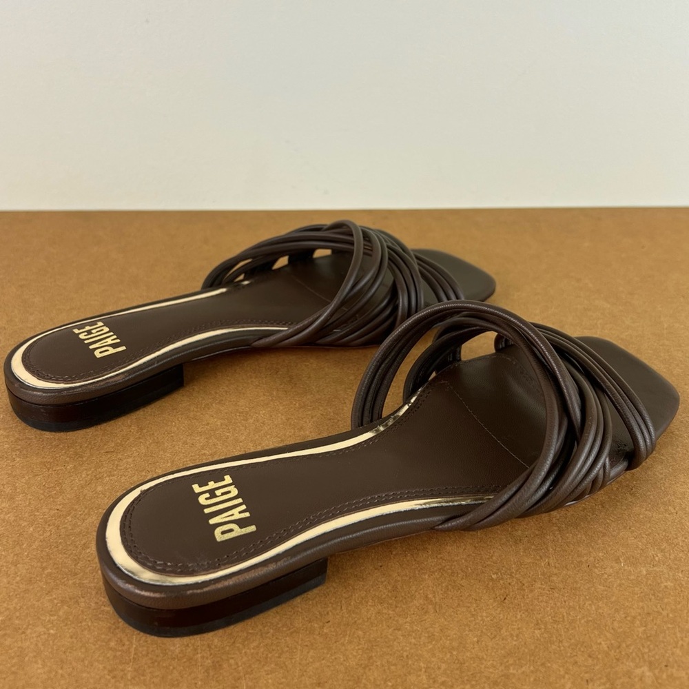 NEW PAIGE BROWN LEATHER FLAT SANDALS - Picture 5 of 13